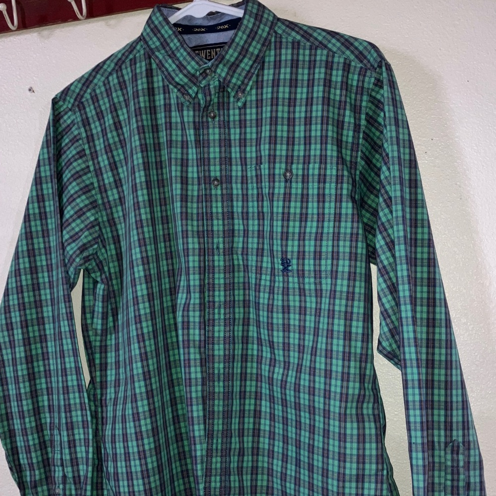 Wrangler 20X Kids Green and Blue Plaid Button Down Shirt Long Sleeve Size XL